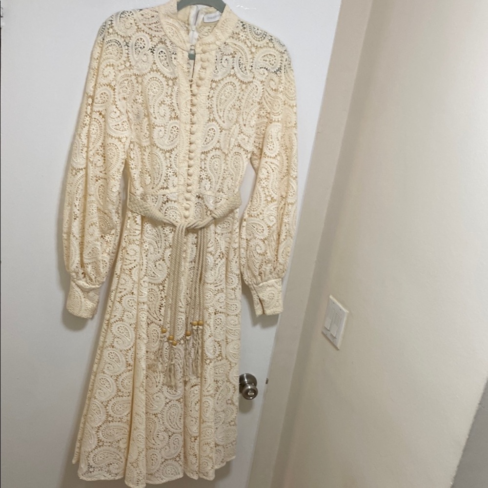 Zimmermann Ivory Lace Dress With Braided Tassel Belt